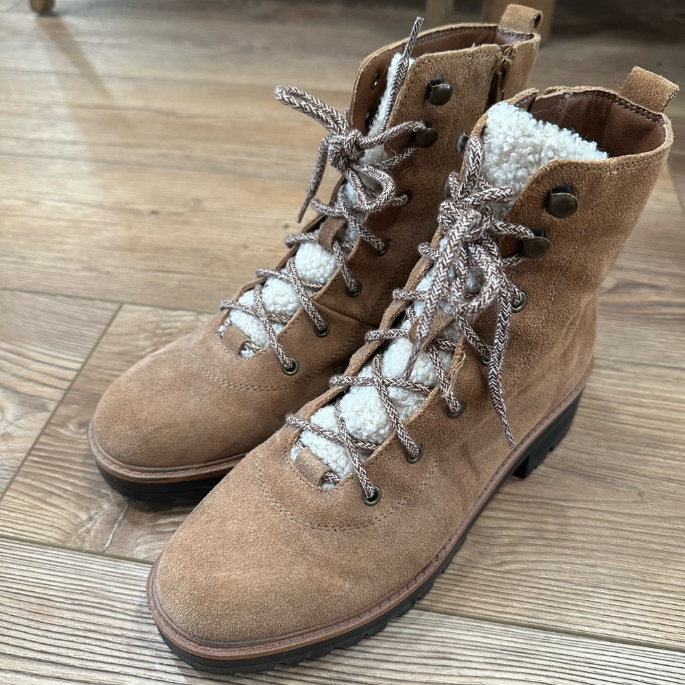 Marc Fisher Women's Tan Suede Sherpa Lace-Up Lug Sole Boots